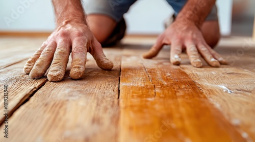 A close-up of hands inspecting and evaluating the quality of wooden floorboards in natural lighting, demonstrating careful attention to detail and thorough workmanship.