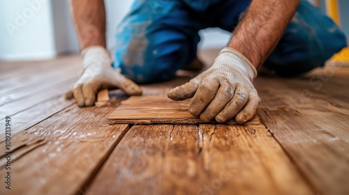 A pair of gloved hands carefully align and position wooden floor tiles, showcasing precision and skill in a home renovation project within a sunlit room setting.