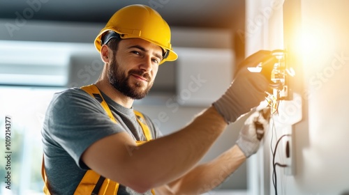 Wearing a yellow helmet, an electrician inspects a control panel, emphasizing careful safety and modern engineering, set in a well-lit interior workspace. photo