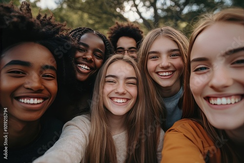 Diverse group of teens smiling. Shows friendship, inclusion, and youthfulness.