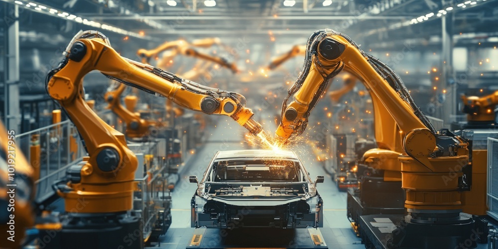 Industrial robotic arms welding a car body on an assembly line. Industrial robotic arms welding a car body on an assembly line.