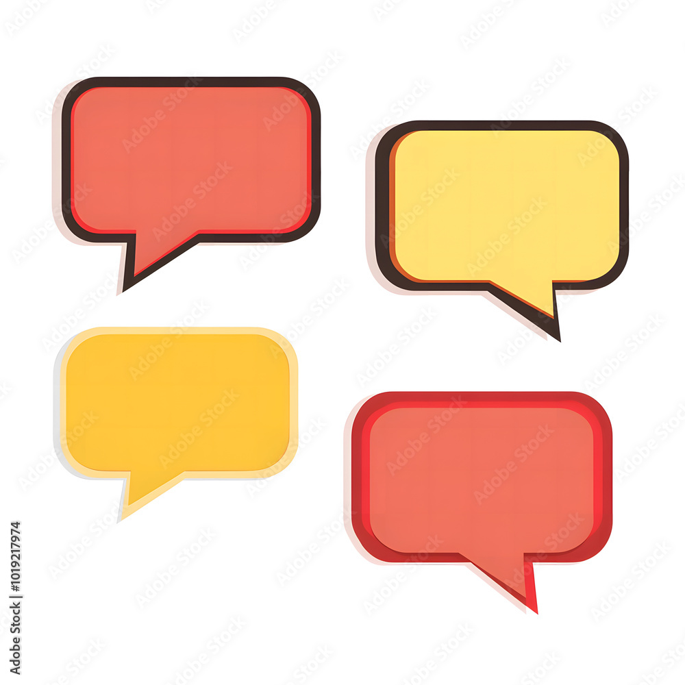 Three empty speech bubbles, vector graphics, simple shapes design, red, blue, and yellow color palette, white background design, Three empty speech bubbles, vector graphics, simple shapes design, red, blue, and yellow color palette, white background design,