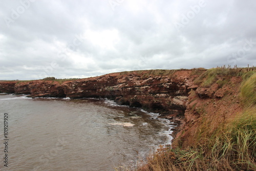 Cliff on the rugged coastline of Prince Edouard Island on the Atlantic Ocean