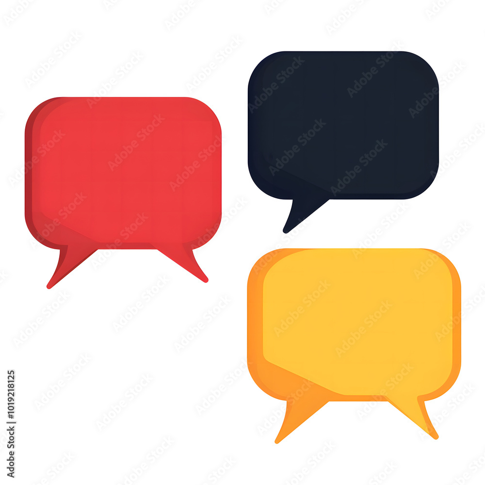 Three empty speech bubbles, vector graphics, simple shapes design, red, blue, and yellow color palette, white background design, Three empty speech bubbles, vector graphics, simple shapes design, red, blue, and yellow color palette, white background design,