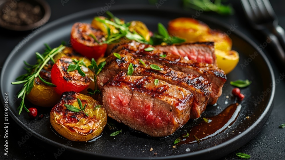 Grilled beef steak served with roasted vegetables on a dark plate Grilled beef steak served with roasted vegetables on a dark plate