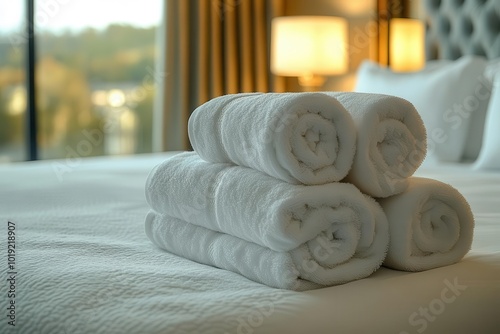 pristine hotel room with neatly folded fresh towels on a wellmade bed soft lighting and neutral tones create an inviting luxurious atmosphere photo