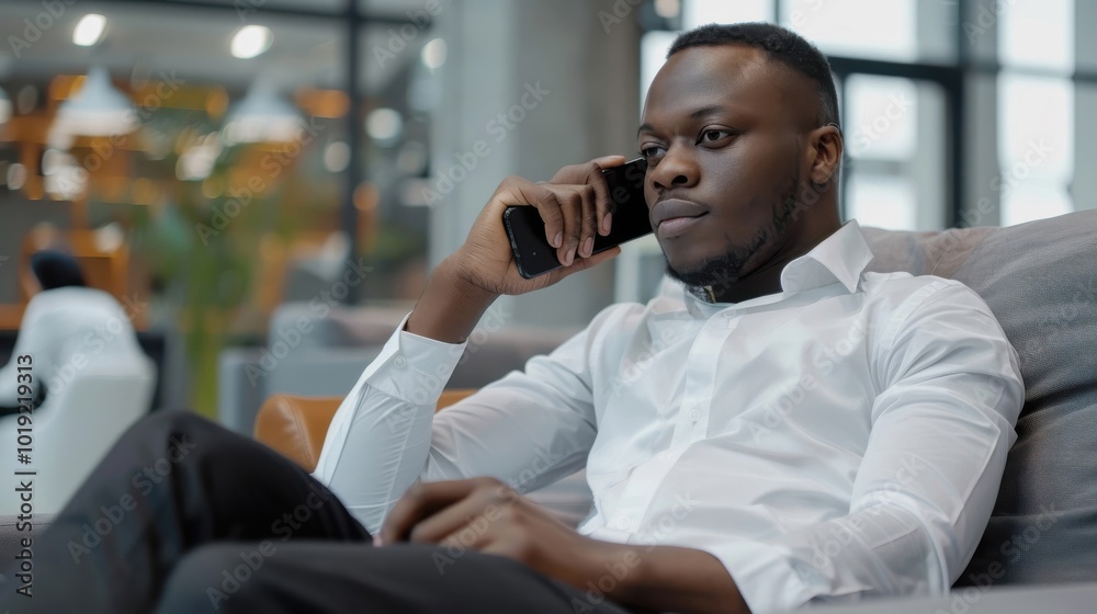 An African American businessman stands by a window, using his cell phone to discuss key business opportunities. An African American businessman stands by a window, using his cell phone to discuss key business opportunities.