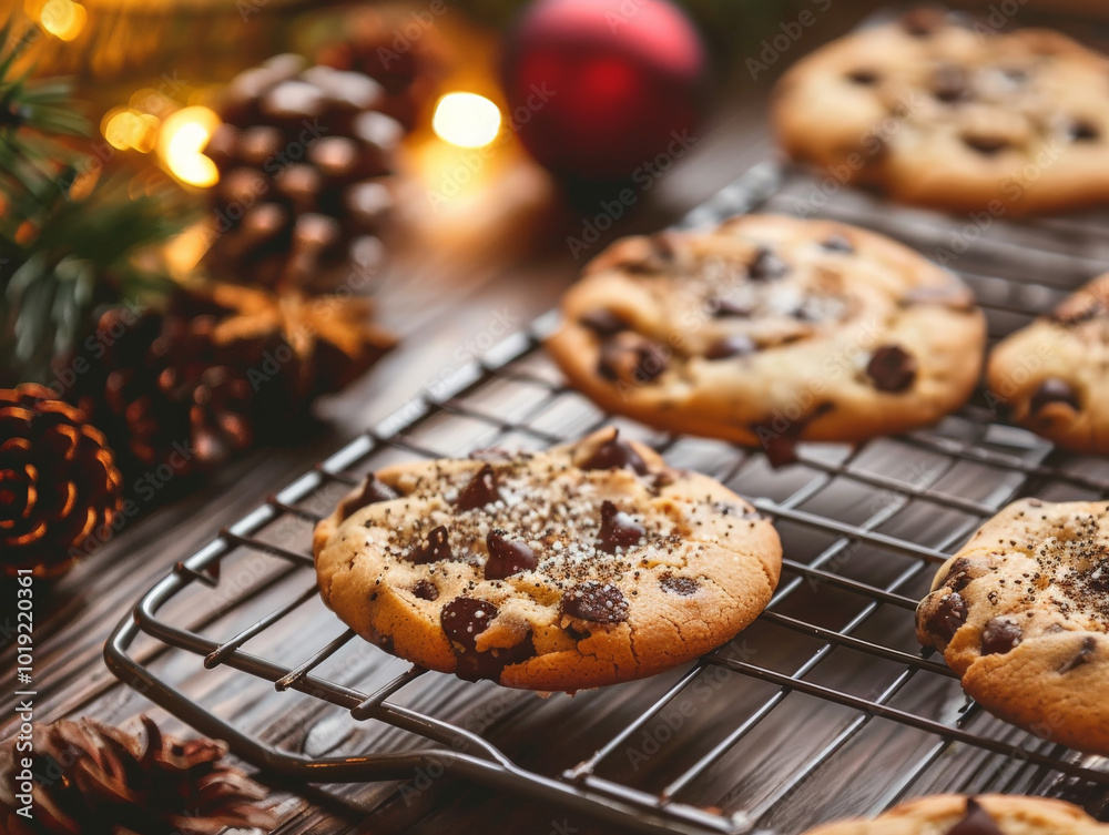 Freshly baked chocolate chip cookies cooling on rack, surrounded by festive decorations, evoke warm holiday spirit. Freshly baked chocolate chip cookies cooling on rack, surrounded by festive decorations, evoke warm holiday spirit.