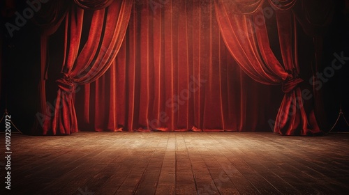 Red velvet stage curtains on wooden floor.