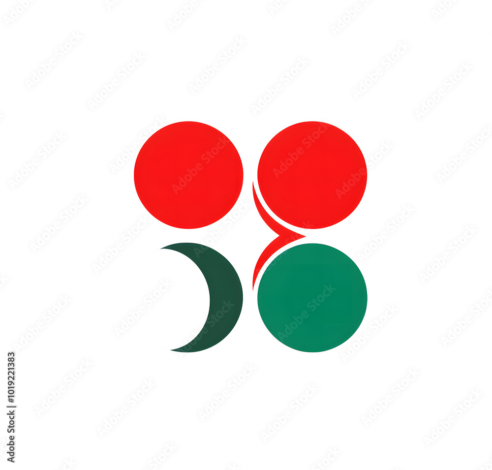 Three white circles, green and red colors in the shape of three interlocking rings stacked on top of each other design, vector graphics design, flat design, Three white circles, green and red colors in the shape of three interlocking rings stacked on top of each other design, vector graphics design, flat design,