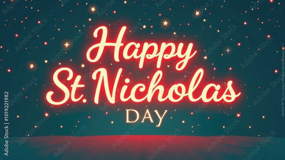 Festive red lights and stars celebrate happy st. nicholas day with glowing text and dark sky ai Festive red lights and stars celebrate happy st. nicholas day with glowing text and dark sky ai