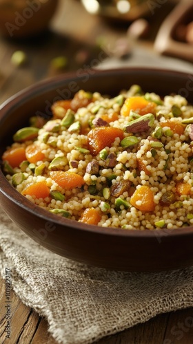 Vertical format , A delicious bowl of flavorful grain and apricot salad with fresh herbs and diced vegetables on a rustic wooden table