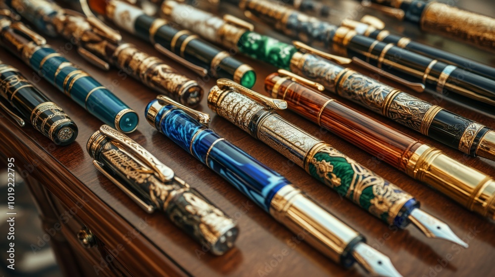 a collection of antique fountain pens displayed a collection of antique fountain pens displayed