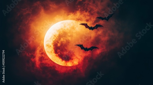 Eerie solar eclipse with glowing red sky and flying bats at dusk photo