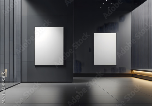 Fototapeta Naklejka Na Ścianę i Meble -  Two blank white partitions with space for advertising posters or marketing campaigns in the industrial gallery hall with black benches on a concrete floor and a grey wall background design