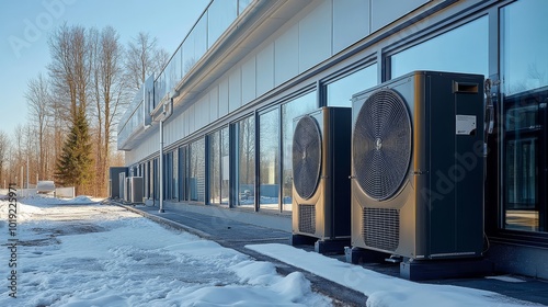 Modern air heat pumps outside a commercial building on a snowy day, showcasing sustainable and efficient energy systems in winter. photo