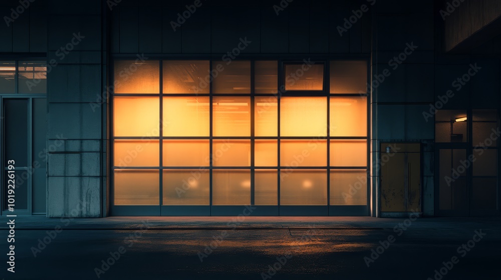 Modern building facade illuminated in warm light at night, creating a striking geometric pattern with glass panes against the dark background.