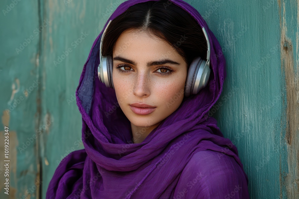 Portrait of a young woman in a purple hijab listening to music with headphones Portrait of a young woman in a purple hijab listening to music with headphones