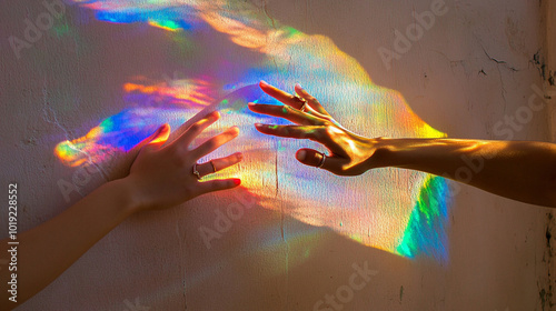 Two hands with rings touch against a colorful, textured wall in rainbow light. (115 characters) photo