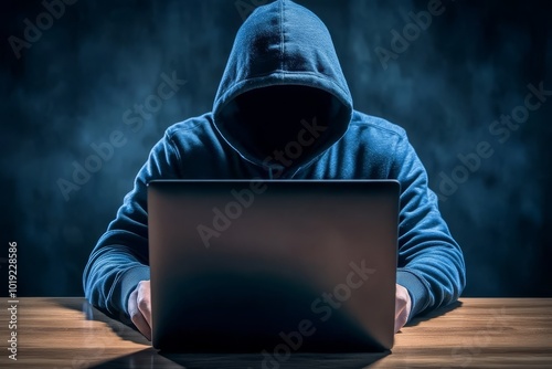 Mysterious figure in a hoodie working on a laptop, depicting cybersecurity, hacking, and anonymity in a dark environment.