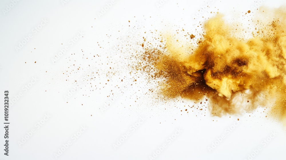Golden powder explosion on a white background. Golden powder explosion on a white background.