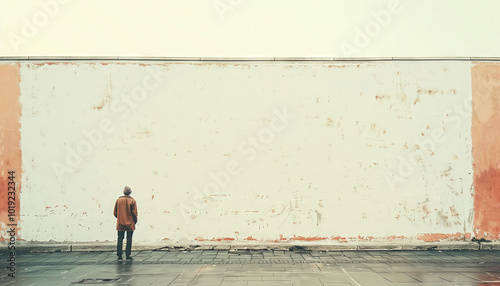Wallpaper Mural Contemplative person standing in front of a large blank wall, symbolizing inspiration and potential in an urban environment. Minimalist photograph emphasizing solitude and reflection. Torontodigital.ca