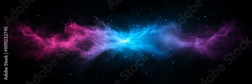 Abstract cosmic background with swirling pink and blue nebulae.