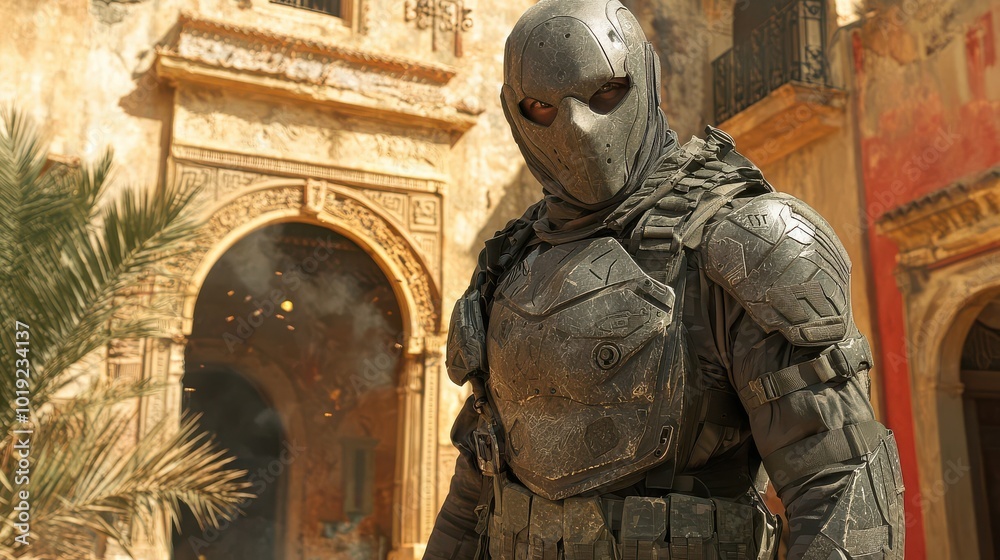 Armored warrior in a historical building setting with sparks flying Armored warrior in a historical building setting with sparks flying