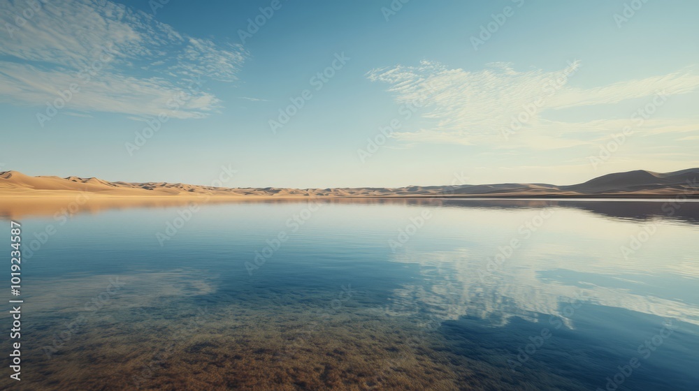Fototapeta premium Serene landscape with calm lake reflecting the clear sky and distant hills, under a bright, sunny atmosphere. Perfect for peaceful inspiration.