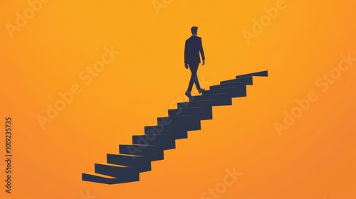 Silhouette of a person walking up a staircase with a vibrant orange background, symbolizing achievement and progress.