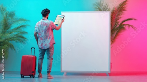 Front view of a young man holding a map, standing next to a large white screen and a mobile phone in his hand with luggage on a colorful background the concept of travel and travel equipment
