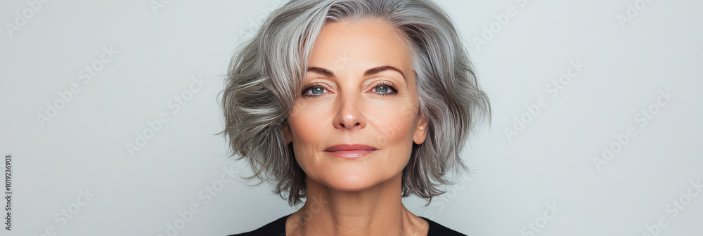 A woman with silver hair looks confidently at the camera. A woman with silver hair looks confidently at the camera.