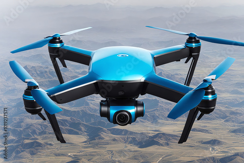 A flying Modern drone quadcopter with digital camera and sensors flying on sky for security-related ,delivery automatic online,transportation ai technology future concepts.