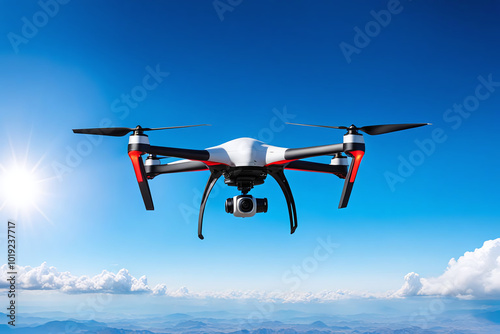 A flying Modern drone quadcopter with digital camera and sensors flying on sky for security-related ,delivery automatic online,transportation ai technology future concepts.