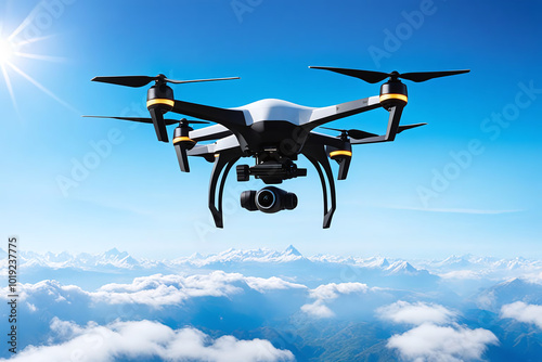 A flying Modern drone quadcopter with digital camera and sensors flying on sky for security-related ,delivery automatic online,transportation ai technology future concepts.