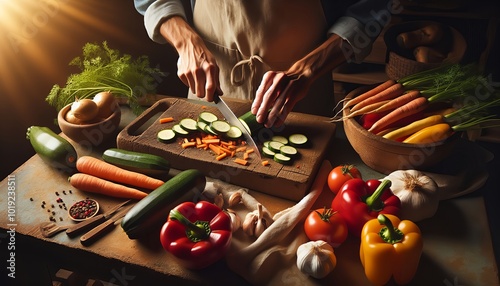 Hands chopping colourful vegetables, symbolising a nutritious diet. photo