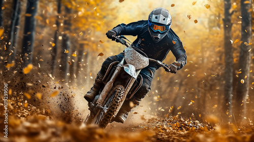 A lone biker, fully geared with goggles and helmet, racing through the forest on a dirt bike, leaves swirling in the fall breeze, photo