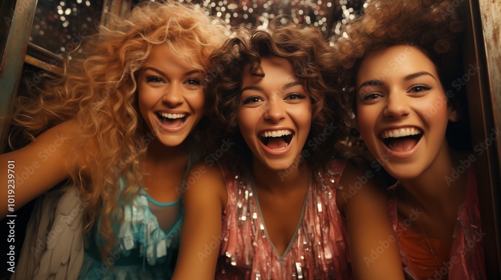 Obraz premium Selfie of happy moments in the photo booth. Group of diverse friends together sharing laughter and positive energy taking a snapshot of the moment. Effervescent glitter with shine and festive essence.