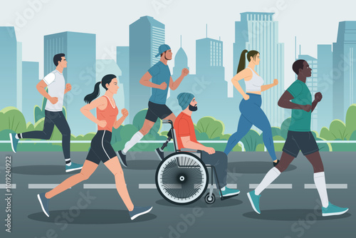 People Running Marathon Race in the City Vector Illustration