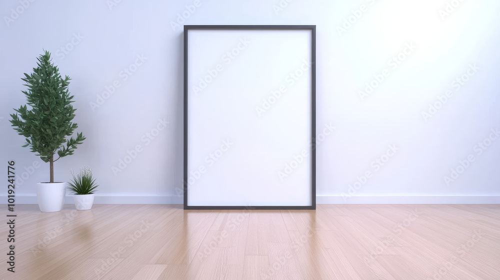 Blank frame on a white wall in a minimalist room. Blank frame on a white wall in a minimalist room.