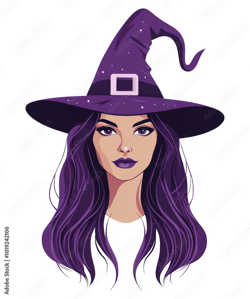 Witch Illustration with Purple Hat and Hair on Transparent Background for Halloween or Design Overlays Witch Illustration with Purple Hat and Hair on Transparent Background for Halloween or Design Overlays