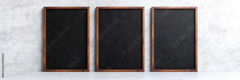 Fototapeta premium Three blank blackboards with wooden frames against a gray wall.