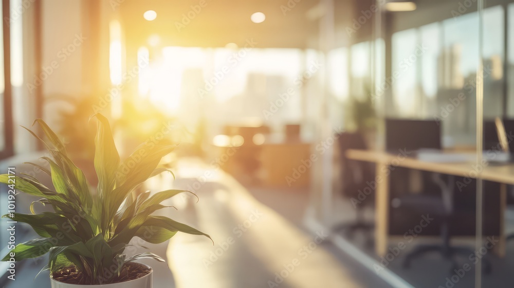 Sunlit modern office interior with glass walls and green plants, creating a peaceful and productive workspace atmosphere. Sunlit modern office interior with glass walls and green plants, creating a peaceful and productive workspace atmosphere.