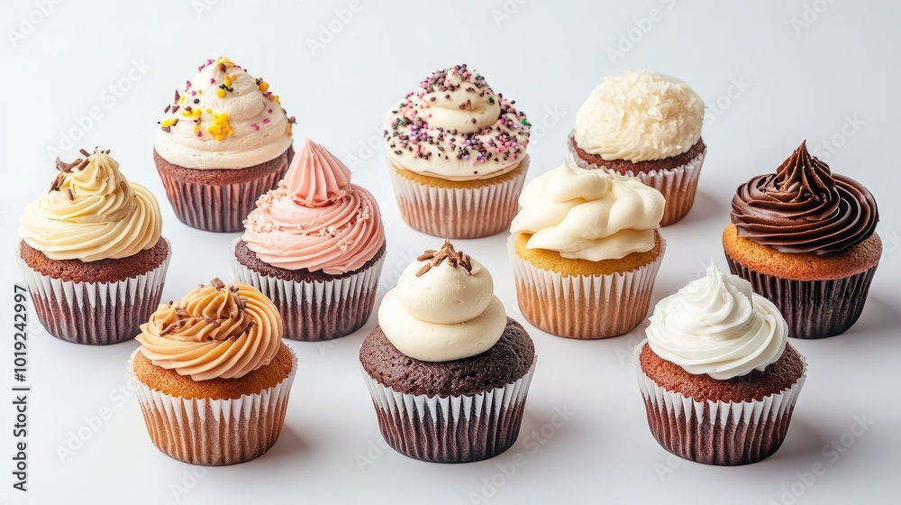 Assorted Cupcakes With Various Frosting Styles on a White Background Generative AI Assorted Cupcakes With Various Frosting Styles on a White Background Generative AI