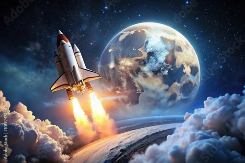 Fototapeta Naklejka Na Ścianę i Meble -  Aerial spaceship launching into universe with full moon in background