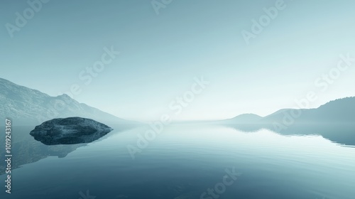 Calm lake with single rock and distant mountains.