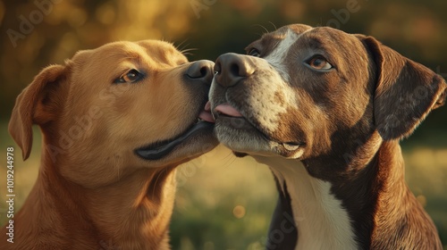 Two dogs affectionately nuzzling each other outdoors, exhibiting love and companionship in a serene natural setting during the golden hour. photo