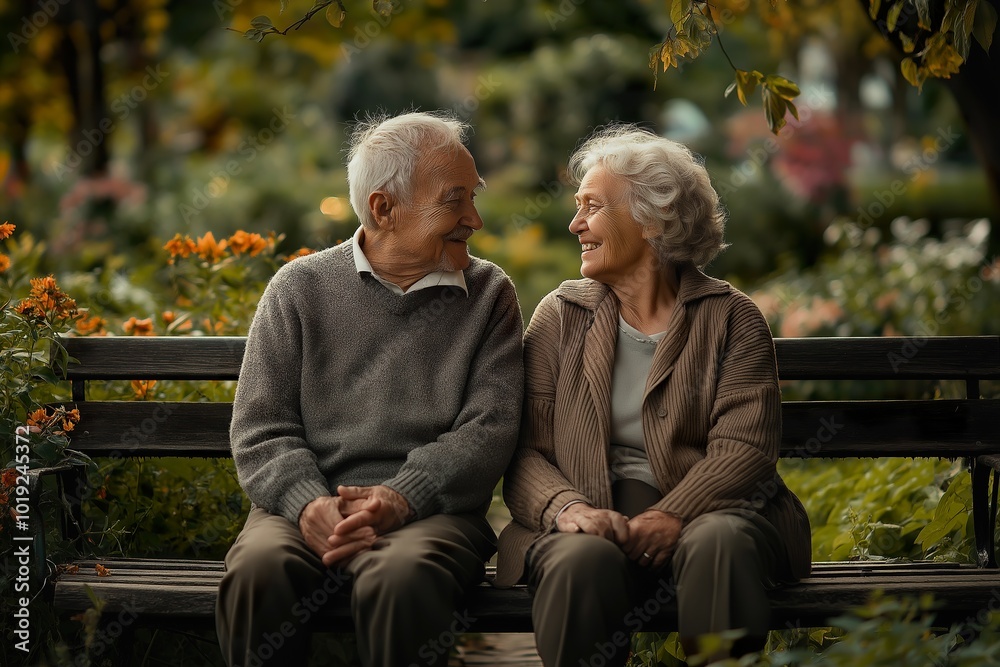 Elderly couple enjoying a warm afternoon in a vibrant garden, seated on a bench surrounded by blooming flowers and greenery Elderly couple enjoying a warm afternoon in a vibrant garden, seated on a bench surrounded by blooming flowers and greenery