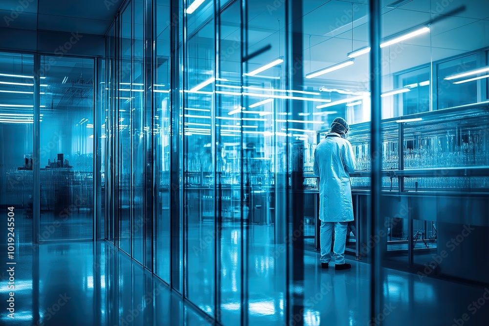 A sterile pharmaceutical laboratory environment with a researcher working at a lab bench during late evening hours A sterile pharmaceutical laboratory environment with a researcher working at a lab bench during late evening hours