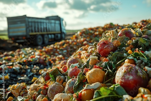 Landfill site overflowing with food waste from discarded produce and discarded organic materials under a bright sky during the day
